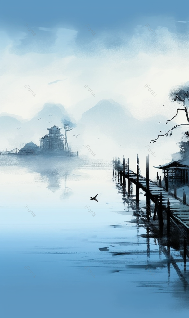 蓝色意境房屋树木树枝水墨风山水倒影画,插画/手绘图,插画/手绘图库,插画/手绘图下载,插画/手绘